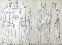 14th century men&rsquo;s and women&rsquo;s clothing. Drawing by M. Matu&scaron;akaitė, 1981. (the original drawing is at KTU Museum)