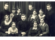 Pupils of the organisation &ldquo;Ateitis&rdquo; &ndash; organisers of the Christmas party for poor children, 1935. Konstancija Žiūgždaitė (who became Jasiukevičienė in 1943) is the 1st from the left in the 2nd row, V. Jasiukevičius is above her (family archive of L. Kudarienė