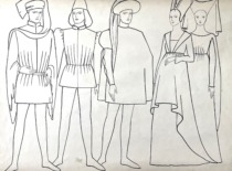 15th century men&rsquo;s and women&rsquo;s clothing. Drawing by M. Matu&scaron;akaitė, 1981. (the original drawing is at KTU Museum)