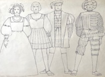 16th century townspeople's clothing. Drawing by M. Matu&scaron;akaitė, 1981. (the original drawing is at KTU Museum)