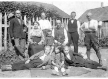 Bar&scaron;auskai family, 1926. 1st row (from the left to the right): Vincas, Viktorija, Juozas. 2nd row: mother, youngest brother Bronius, stepfather B. Bungarda. 3rd row: Jonas, Edvardas Kazimieras and Aleksandras. (the original photograph is at Prof. K. Bar&scaron;auskas family archive)
