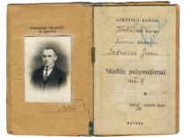 Study certificate of Juozas Indriūnas, auditor of advanced courses, 1920&ndash;1921 (Original &ndash; KTU Museum)
