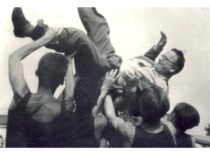 Athletes lift KPI Rector K. Bar&scaron;auskas, who opened the new stadium, 1959. (the original photograph is at KTU Museum)