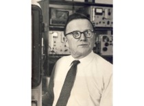 Prof. K. Bar&scaron;auskas at the Ultrasound Problem Laboratory, 6th decade of the 20th century. (the original photograph is at KTU Museum)
