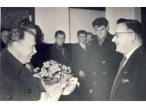 First Secretary of the Communist Party of the Lithuanian SSR (Bolsheviks) A. Sniečkus with KPI Rector Prof. K. Bar&scaron;auskas and employees. 6th decade of the 20th century. (the original photograph is at KTU Museum)