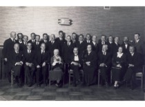 A ceremonial farewell party for Prof. V. Čepinskis, held at the University on the occasion of his retirement on 26 September 1936. In the photograph: 1st row (from the left): 1st is Prof. Z. Žemaitis, 3rd is Prof. A. Purėnas, 4th is Marija Čepinskienė, 5th is Prof. V. Čepinskis, 6th is M. Sleževičienė, 7th is Prof. P. Jodelė, 9th is Prof. P. Juodakis. (the original photograph is at KTU Museum)