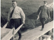 KPI Rector K. Bar&scaron;auskas at the construction site of Dovinė hydroelectric power plant, 1951. (the original photograph is at KTU Museum)