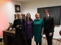 KTU museum staff at the opening ceremony of the Historical Auditorium on February 14, 2025. From left to right: photographer Jonas Klėmanas, museum curator Karina Lazauskienė, museum director Dr. Audronė Veilentienė, and future museum curator Karolis Kumža. (Photo by Justina &Scaron;uminaitė, KTU photo archive)
