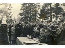 Prof. K. Bar&scaron;auskas in the committee of the 1st KPI festival, 1956. (the original photograph is at KTU Museum)
