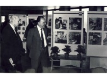 Prof. J. Slavėnas and KPI Vice-Rector Česlovas Jakimavičius look at the students&rsquo; scientific work, 1983. (the original photograph is at KTU Museum)