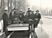 Prof. Steponas Kolupaila with students at the Hydrometric Laboratory in the Botanical Garden, 1933 (Original &ndash; KTU Museum)