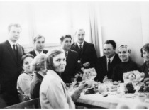 Celebration at the department, 1972. Photograph (from the right): B. Stani&scaron;kienė, H. Medek&scaron;ienė, S. Kutkevičius, K. Me&scaron;kauskas, A. Urbonavičius, Z. Beresnevičius (family archive of Prof. S. Kutkevičius)
