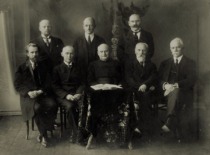 Senate of the University of Lithuania, 1924&ndash;1925. In the photo (from left): in the front row &ndash; M. Birži&scaron;ka, P. Avižonis, Rector P. Būčys, P. Jodelė, P. Leonas. Second row: Z. Žemaitis, A. Purėnas, V. La&scaron;as. (Original &ndash; KTU Museum)
