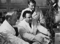 Assoc. Prof. S. Kutkevičius with colleagues Assoc. Prof. J. Lak&scaron;tauskas and K. &Scaron;erėnas, 1974 (family archive of Prof. S. Kutkevičius)