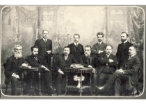 Board of the Lithuanian Scientific Society, 1911&ndash;1912. In the photograph (from the left): seated in the 1st row: J. Kairiūk&scaron;tis, A. Smetona, Prof. A. R. Niemi (guest), J. Basanavičius, A. Vilei&scaron;is, J. Vilei&scaron;is. Standing in the 2nd row: J. Balčikonis, Z. Žemaitis, Birži&scaron;ka, J. &Scaron;lapelis. (the original photograph is at KTU Library)