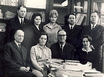 Employees of the Department of Food Technology, 1968. First row (from the left): Assoc. Prof. J. Bernatonis, Assoc. Prof. E. Grinienė, Prof. J. Venskevičius, Assoc. Prof. O. &Scaron;estakauskienė, second row: Assoc. Prof. A. Rakauskas, S. Sūdžienė, R. Masteikienė, V. Mickus, L. La&scaron;as. (E. Grinienė family archive)