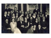 Tea party of the Mathematician-Physicists Society, 1931. In the photograph: in the centre of the 2nd row is Dean of the Faculty of Mathematics and Nature Prof. Z. Žemaitis, Prof. V. Birži&scaron;ka, Prof. K. Sleževičius is in the last row. (the original photograph is at KTU Museum)