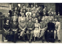 Teachers and students of the Faculty of Mathematics and Nature on 20 June 1940. 1st row, 3rd from the left is Dean Prof. Z. Žemaitis, 8th is K. Bar&scaron;auskas. (the original photograph is at KTU Museum)