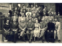 Teachers and students of the Faculty of Mathematics and Nature, 20 June 1940. 1st row, 3rd from the left is Dean Prof. Z. Žemaitis, 8th is K. Bar&scaron;auskas. (the original photograph is at KTU Museum)