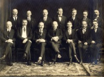 Staff of the Faculty of Mathematics and Nature, 1927. First row from the left: A. Purėnas, P. Juodakis, V. Čepinskis, Dean Z. Žemaitis, K. Regelis, T. Ivanauskas, F. Butkevičius; second row: unidentified person, T. Daukantas, K. Sleževičius, unidentified person, M. Kaveckis, I. Končius, L. Vailionis. (the original photograph is at KTU Museum)