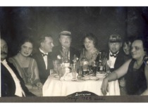 New Year&rsquo;s celebration, 1928. In the photograph (from the left): M. Sleževičius, M. Sleževičiūtė, M. Mackevičius, Prof. K. Sleževičius, D. Sleževičienė, Prof. Z. Žemaitis, S. Žemaitienė and E. Sleževičienė. (the original photograph is at KTU Museum)