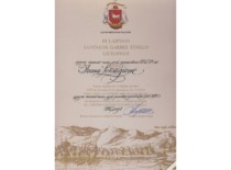 Certificate of the Third Degree Santaka Medal of Honor awarded to Prof. Leliūgienė for her contributions to the city of Kaunas, 2009 (Prof. I. Leliūgienė's personal archive)