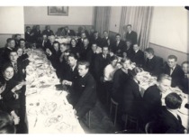 Celebration of the students of the Faculty of Mathematics and Nature, 1935. At the end of the table seated (from the left): Prof. P. Juodakis and Prof. Z. Žemaitis. (photograph by M. Smečechauskas, the original photograph is at KTU Museum).