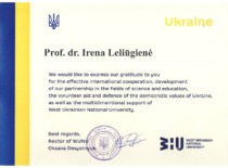 Letter of appreciation from the National University of Western Ukraine to Prof. I. Leliūgienė for her cooperation, 2025 (Prof. I. Leliūgienė's personal archive)