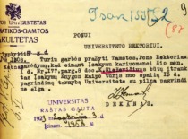 Application of the Dean of the Faculty of Mathematics and Nature Prof. Z. Žemaitis to the Rector regarding the work of Assoc. Prof. Kazimieras Sleževičius, 1923. (the original document is at KTU Archive)