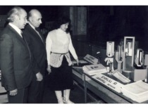 KPI Vice-Rector Prof. J. Gecevičius, Prof. J. and Assoc. Prof. E. Žukienė visit the exhibition of the students&rsquo; scientific work, 1985. (the original photograph is at KTU Museum)