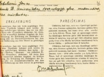 J. Matulionio parei&scaron;kimas apie tai, kad jo giminėje nėra žydų tautybės asmenų, 1942 m. (KTU archyvas)