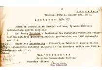 Order of the General Commissioner of Education P. Germantas regarding the temporary appointment of J. Indriūnas as extraordinary professor of the Department of Textile Technology, July 1942 (KTU archive)