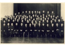 Employees of Kaunas Vytautas Magnus University in the hall of the former Ateitininkai House, 1947. In the first row, 6th from the left &ndash; Dean of the Faculty of Technology, Prof. J. Indriūnas. (KTU Museum)