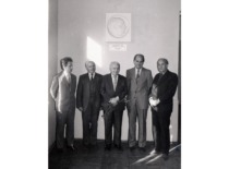 Celebrating the 70th birthday of Prof. J. Matulionis at the bas-relief of Prof. Z. Žemaitis at the KPI First Building, 1976. From left: Assoc. Prof. A. Andriu&scaron;kevičius, Prof. P. Kostrauskas, Prof. A. Matulionis, Assoc. Prof. J. Urbelis, Assoc. Prof. A. Barauskas. (Archive of Prof. J. Matulionis's family)