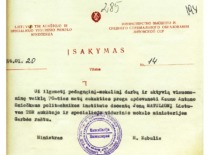 Order of the Minister of Higher and Special Secondary Education of the Lithuanian SSR, H. Zabulis, on awarding Prof. J. Matulionis with an Honorary Certificate, 1976 (KTU archive)