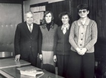 KPI mathematics lecturers: J. Matulionis, D. Plukienė, N. Ratkienė, and D. Petru&scaron;kevičiūtė, 1976 (Family archive of Prof. J. Matulionis)