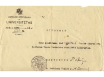 Certificate that J. Indriūnas is a laboratory assistant at the Faculty of Technology, 1925 (KTU archives)