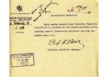 Letter from the Dean of the Faculty of Technology, Prof. K. Vasiliauskas, regarding J. Indriūnas's appointment as senior assistant, 1930 (KTU archives)