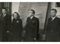 Thesis defense at Vytautas Magnus University in Kaunas on September 29, 1950. Second from the left: V. Zelionkaitė; third from the left: R. Baltru&scaron;is. (Archive of Prof. R. Baltru&scaron;is).