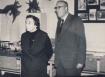Prof. V. Zelionkaitė and Prof. J. Venckevičius at the display dedicated to the work of Prof. A. Purėnas, 1973 (KTU Museum)