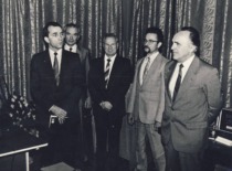 Prof. K. Ragulskis&rsquo;s 60th birthday celebration at &ldquo;Vibrotechnika,&rdquo; 1986. From left: A. Fedaravičius, R. Gulbinas, K. Ragulskis, G. Bisigirskas, and KPI Vice Rector Č. Jakimavičius. (Prof. A. Fedaravičius&rsquo;s family archive)