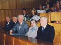 Commemoration of chemists&rsquo; anniversaries at the KTU Faculty of Chemical Technology, 1996. From left: Prof. E. Pacauskas, Prof. R. Baltru&scaron;is, Prof. B. Stulpinas, Prof. V. Zelionkaitė, Prof. J. Janickis. (KTU Museum)