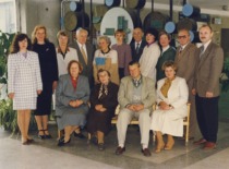 The staff of the Department of Inorganic Chemistry at KTU, 1997. Front row (from left): Assoc. Prof. Z. Martynaitienė, Prof. V. Zelionkaitė, Prof. V. Janickis, Assoc. Prof. E. Rinkevičienė; Second row: Assoc. Prof. V. Krylova, Assoc. Prof. I. Ancutienė, Assoc. Prof. N. Kreivėnienė, Assoc. Prof. B. Matulis, Assoc. Prof. A. Degutienė, Lab. Head S. Žalenkienė, Assoc. Prof. E. Pažarauskas, Lab. Head R. Stokienė, R. Kublickienė, Assoc. Prof. A. Žarnauskas, Assoc. Prof. G. Paulauskas. (KTU Museum)