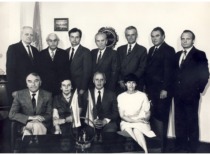 Council of the Faculty of Chemical Technology at KPI, 1983. Seated (from left): Prof. R. Baltru&scaron;is (Head of the Department of Organic Chemistry), Prof. V. Zelionkaitė (Head of the Department of Inorganic Chemistry), Prof. K. Sasnauskas (Dean), Assoc. Prof. O. Petru&scaron;evičiūtė (Head of the Department of General Chemistry). Standing: Prof. J. Bernatonis (Head of the Department of Food Products), Prof. A. Paulauskas (Head of the Department of Organic Technology), Assoc. Prof. Z. Beresnevičius (Chair of the Trade Union Committee), Prof. E. Pacauskas (Head of the Department of Physical Chemistry), Assoc. Prof. J. Vitkus (Vice Dean), Assoc. Prof. V. Klusis (Vice Dean), Assoc. Prof. J. Musnickas (Party Organizer). (Archive of Prof. R. Baltru&scaron;is).