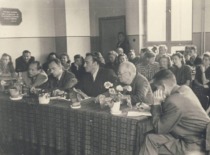 Defense of diploma projects at the Faculty of Chemical Technology, Kaunas Polytechnic Institute, 1953. Seated at the table in the front (from the right) are Prof. A. Purėnas, Assoc. Prof. J. Venckevičius, and Assoc. Prof. A. Novodvorskis. Seated on the left are V. Zelionkaitė and M. Martynaitis. (From the family archive of Prof. V. Zelionkaitė)