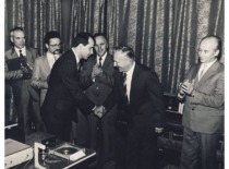 A. Fedaravičius congratulates Prof. K. Ragulskis, scientific director of &ldquo;Vibrotechnika,&rdquo; on his 60th birthday, 1986 (From the family archive of Prof. A. Fedaravičius)