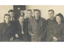 Department of Physical Chemistry, Kaunas Polytechnic Institute, 1952. From left: V. Zelionkaitė, V. Karpus, M. Vizgirdaitė-Dzenajavičienė (lab assistant), E. Pacauskas, Department Chair J. Janickis, A. Prokopčikas, V. Pilkauskienė. (From the family archive of Prof. V. Zelionkaitė)