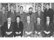 &ldquo;Vibrotechnika&rdquo; employees honored for their achievements, with their research supervisor Prof. K. Ragulskis, 1986. Front row (from left): Z. Pocius, V. Ragulskienė, K. Ragulskis, P. Varanauskas, A. Kurtinaitis; second row (from left): B. Stulpinas, I. Oržekauskas, V. Volkovas, B. Busilas, A. Fedaravičius, A. Nenorta. (Prof. K. Ragulskis family archive)
