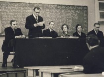 Prof. J. Janickis (first from the right) and Prof. V. Zelionkaitė (second from the right) at a dissertation defense, circa 1967 (KTU Museum)